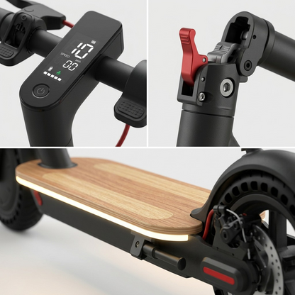 Macro matrix of SHARP S9 details: digital interface, heavy-duty folding latch, illuminated bamboo deck.