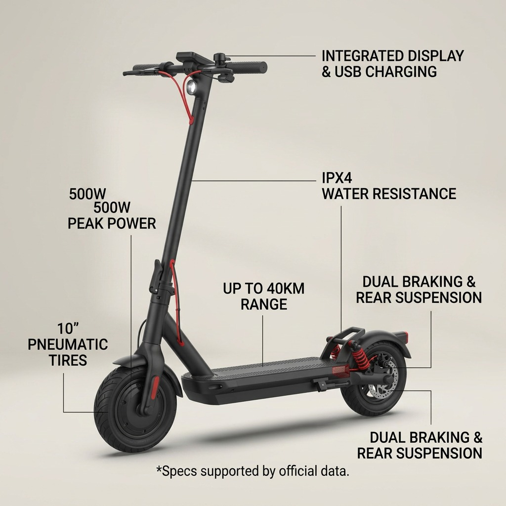 SHARP Canada S10 (EM-KS2) electric scooter product feature callout graphic detailing performance and hardware specifications.