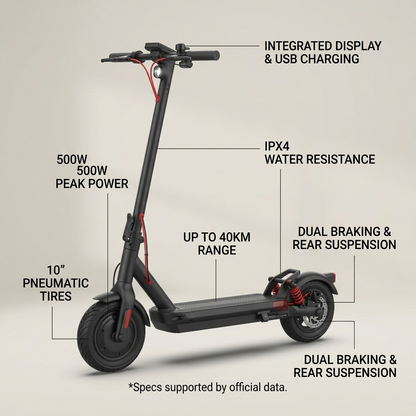 SHARP Canada S10 (EM-KS2) electric scooter product feature callout graphic detailing performance and hardware specifications.