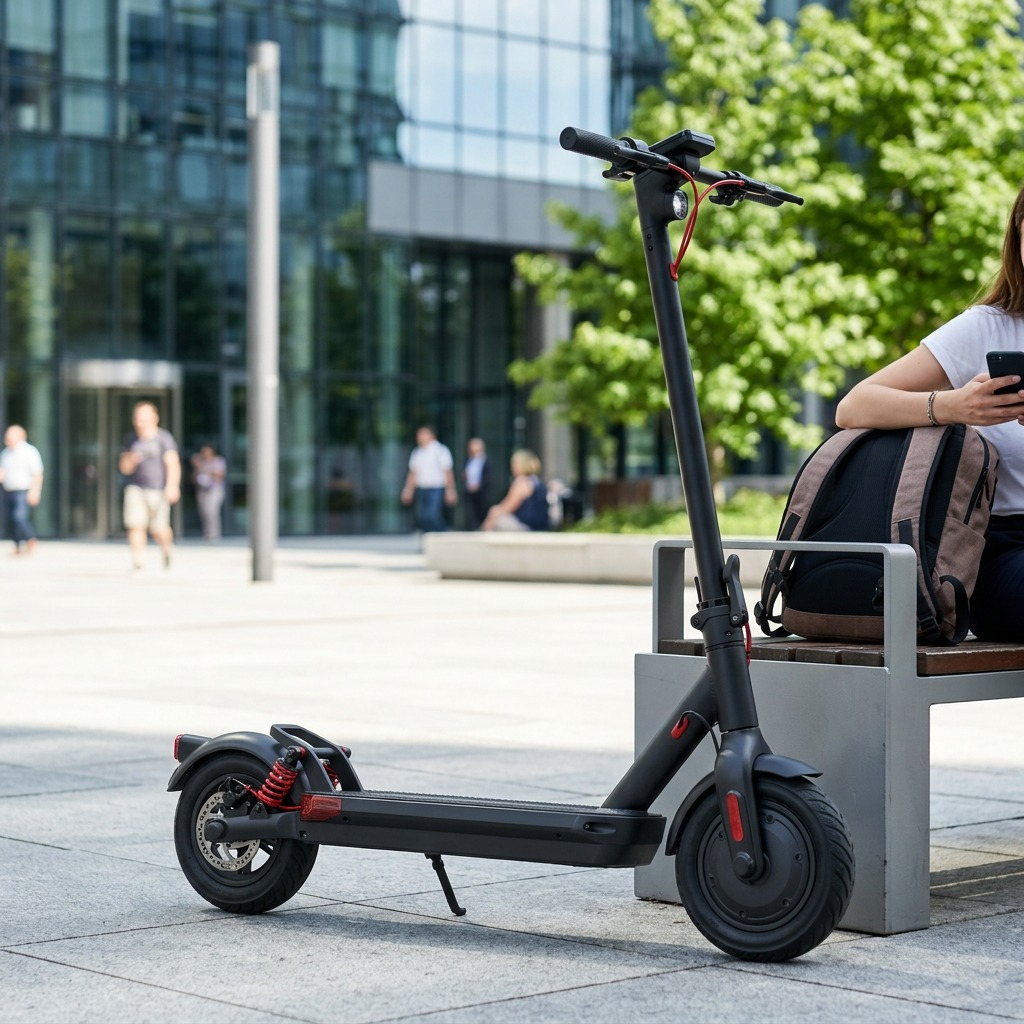 Lifestyle context photo of the accurate Sharp S10 electric scooter parked at a city plaza bench.