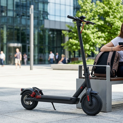 Lifestyle context photo of the accurate Sharp S10 electric scooter parked at a city plaza bench.