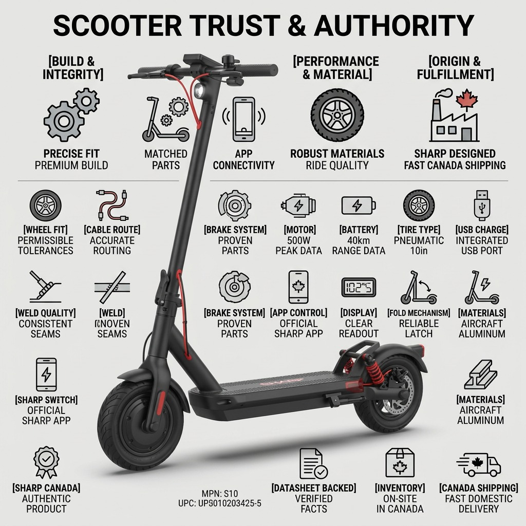 A confidence infographic matrix for the SHARP S10 electric scooter from image_0.png, featuring factual cues with simple icons on trust and quality, around the central product visual.