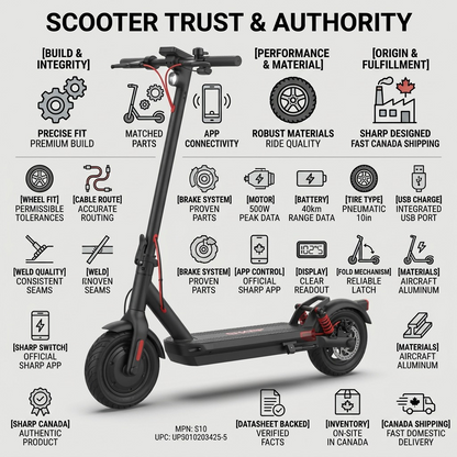 A confidence infographic matrix for the SHARP S10 electric scooter from image_0.png, featuring factual cues with simple icons on trust and quality, around the central product visual.