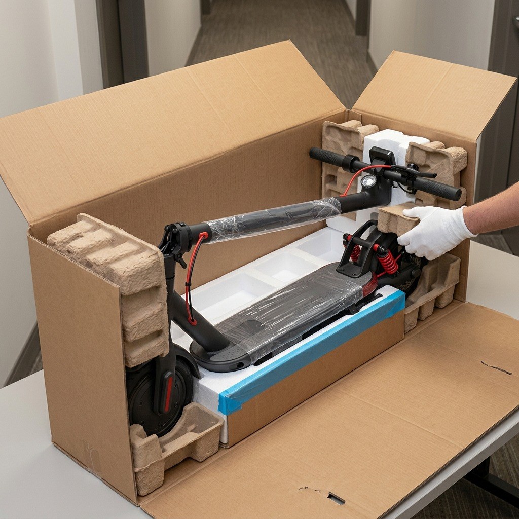 A premium unboxing scene shows the Sharp S10 electric scooter securely protected within a shipping box.