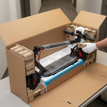 A premium unboxing scene shows the Sharp S10 electric scooter securely protected within a shipping box.