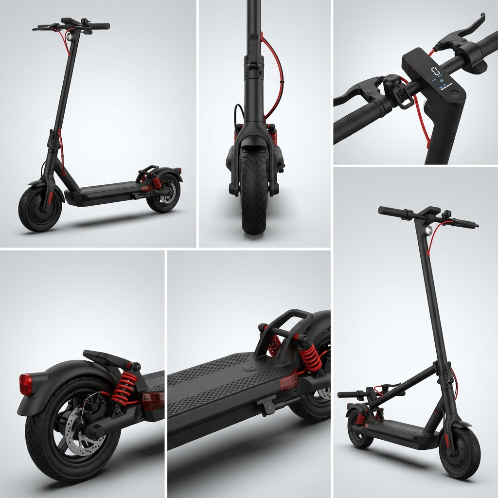 Product image matrix for SHARP S10 scooter featuring six panels from distinct views: front, back, profile, three-quarter, handle, and wheel.