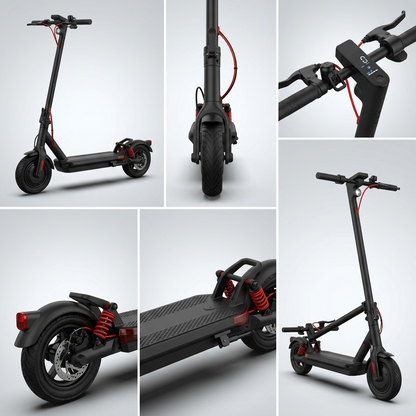Product image matrix for SHARP S10 scooter featuring six panels from distinct views: front, back, profile, three-quarter, handle, and wheel.