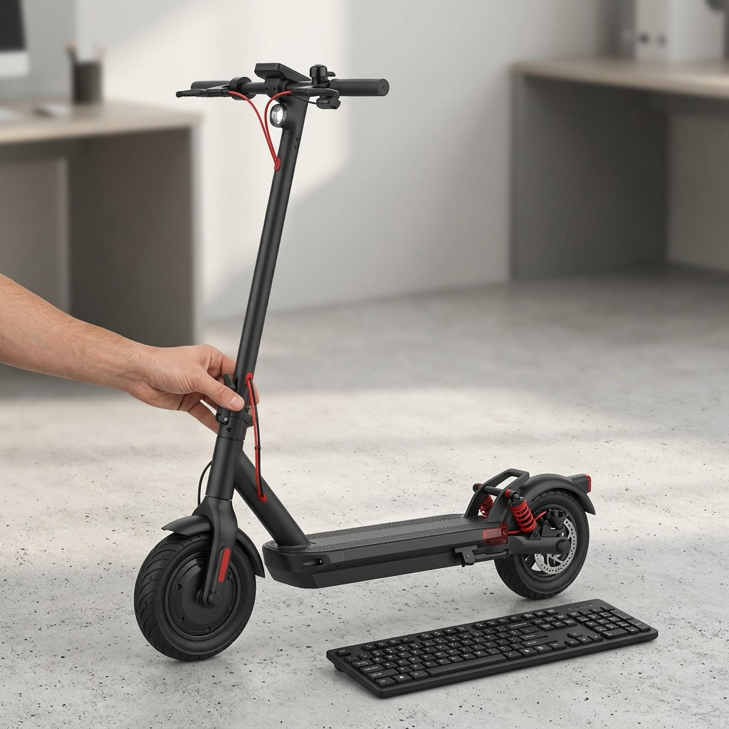 A close-up of the Sharp S10 electric scooter beside an adult's hand and a standard keyboard, showcasing its compact scale.