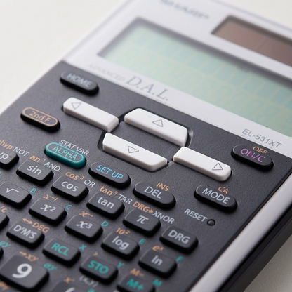 Macro close-up focusing on the Sharp EL531XTWH D.A.L. keypad intersection.