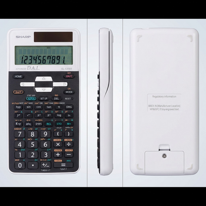A 3-image grid displaying the Sharp EL531XTWH calculator from a front, side, and rear perspective.