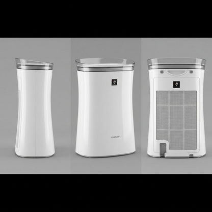 Variant matrix displaying the SHARP FPK50UW air purifier (HEPA, Plasmacluster) from front, side, and rear angles on a neutral gray background.