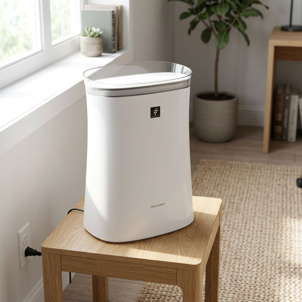 A lifestyle photograph of the Sharp FPK50UW air purifier on a modern desk in a home office.